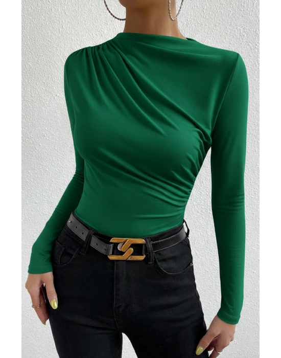 Kadın Yeşil Belden ve Boyundan Büzgü Detaylı Uzun Kollu Bluz