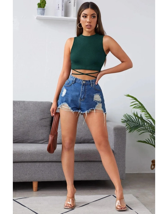 Kadın Yeşil Çapraz Bağlamalı Crop Top Büstiyer
