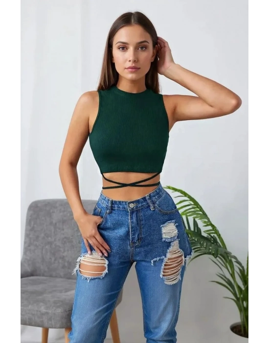Kadın Yeşil Çapraz Bağlamalı Crop Top Büstiyer – Modern ve Şık Tasarım
