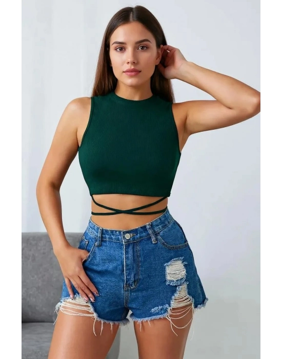 Kadın Yeşil Çapraz Bağlamalı Crop Top Büstiyer – Modern ve Şık Tasarım