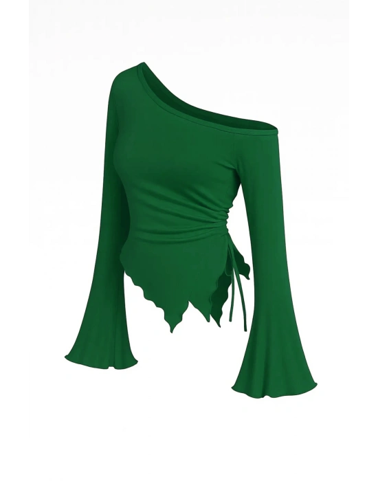 Kadın Yeşil Uzun İspanyol Kollu Asimetirik Yaka Yandan Bağlamalı Drapeli Bluz