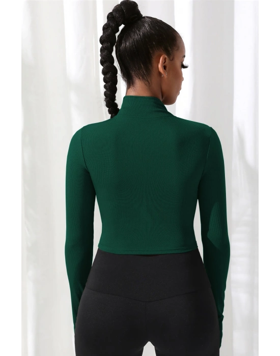 Kadın Yeşil Uzun Kol Fermuarlı Parmak Geçme Detaylı Dik Yaka Crop Top Bluz