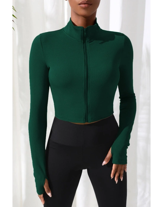 Kadın Yeşil Uzun Kol Fermuarlı Parmak Geçme Detaylı Dik Yaka Crop Top Bluz