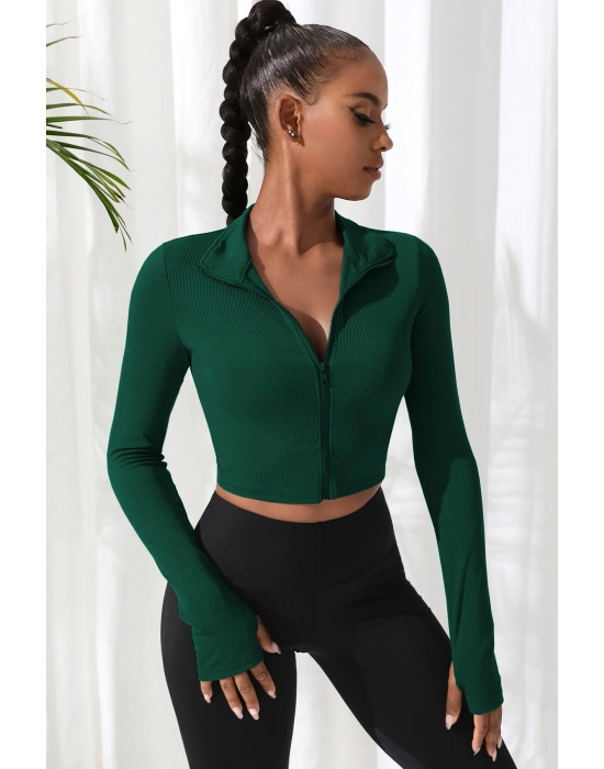 Kadın Yeşil Uzun Kol Fermuarlı Parmak Geçme Detaylı Dik Yaka Crop Top Bluz