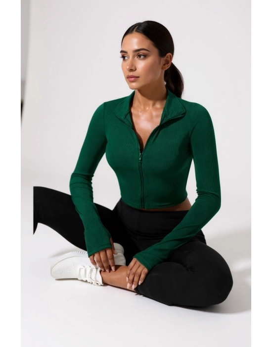 Kadın Yeşil Uzun Kol Fermuarlı Parmak Geçme Detaylı Dik Yaka Crop Top Bluz