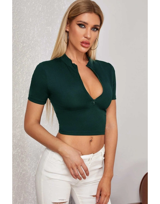 Kadın Yeşil Yarım Fermuarlı ve Kısa Kollu Crop Top Bluz