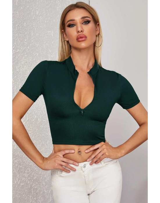 Kadın Yeşil Yarım Fermuarlı ve Kısa Kollu Crop Top Bluz