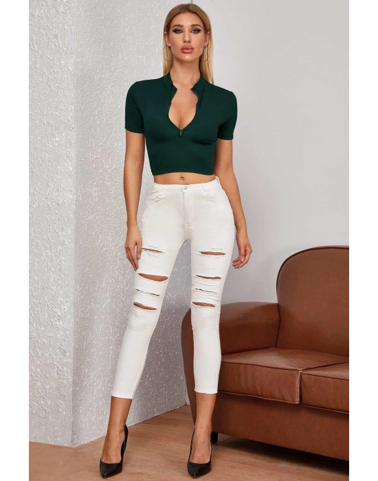 Kadın Yeşil Yarım Fermuarlı ve Kısa Kollu Crop Top Bluz