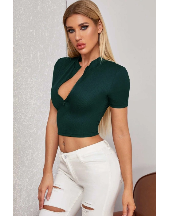 Kadın Yeşil Yarım Fermuarlı ve Kısa Kollu Crop Top Bluz