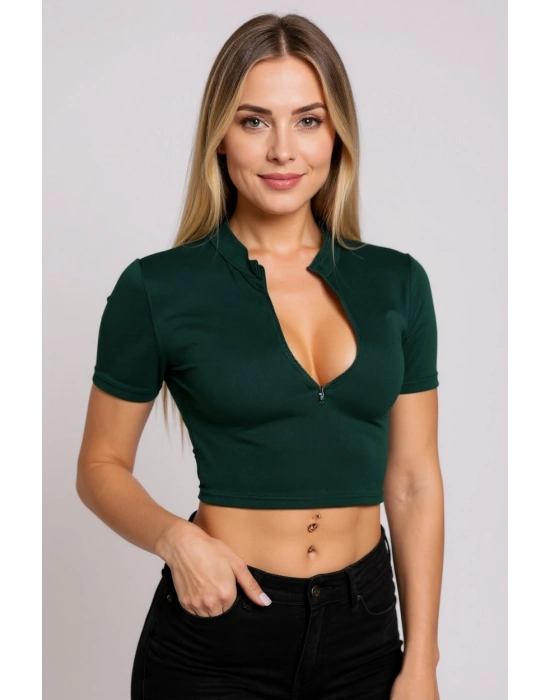 Kadın Yeşil Yarım Fermuarlı ve Kısa Kollu Crop Top Bluz – Şık, Rahat ve Kolay Kombinlenebilir