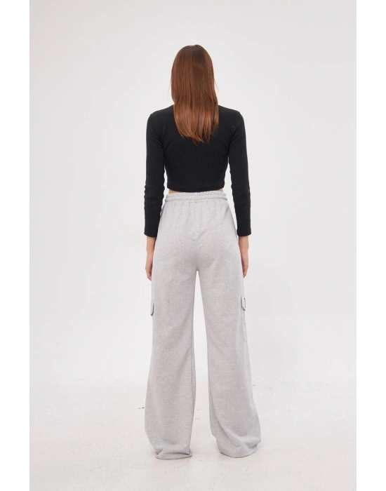 Kadın Yüksek Bel Kargo Cepli Palazzo Pantolon Oversize Bol Paça İki İplik Rahat Kesim - Gri