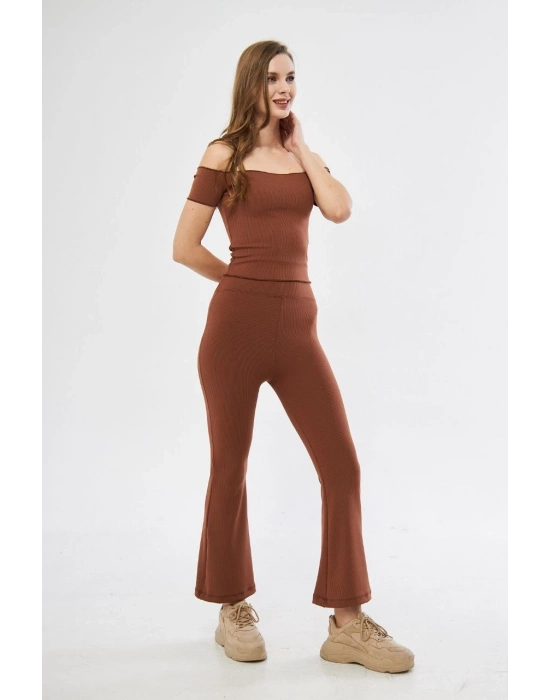 Kadın Yüksel Bel Fitilli İspanyol Paça Tayt - Kahve
