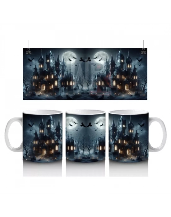 Kafatası Maskeli Cadılarla Karanlık Gece Temalı Cadılar Bayramı Baskılı Kupa Bardak