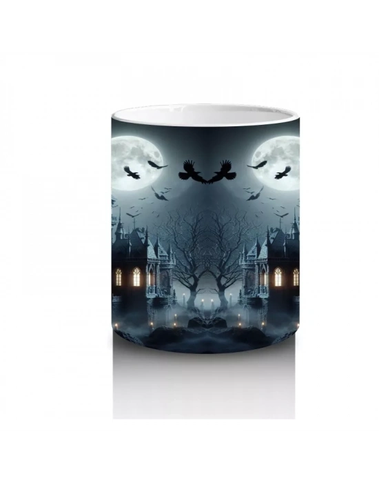 Kafatası Maskeli Cadılarla Karanlık Gece Temalı Cadılar Bayramı Baskılı Kupa Bardak