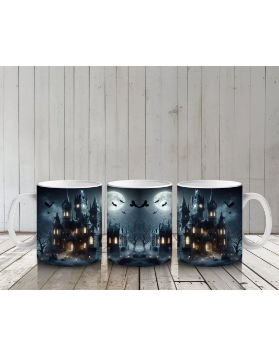 Kafatası Maskeli Cadılarla Karanlık Gece Temalı Cadılar Bayramı Baskılı Kupa Bardak