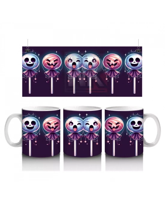 Kafatası Şeker Figürlü Lolipoplarla Renkli Cadılar Bayramı Baskılı Kupa Bardak