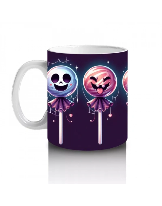 Kafatası Şeker Figürlü Lolipoplarla Renkli Cadılar Bayramı Baskılı Kupa Bardak