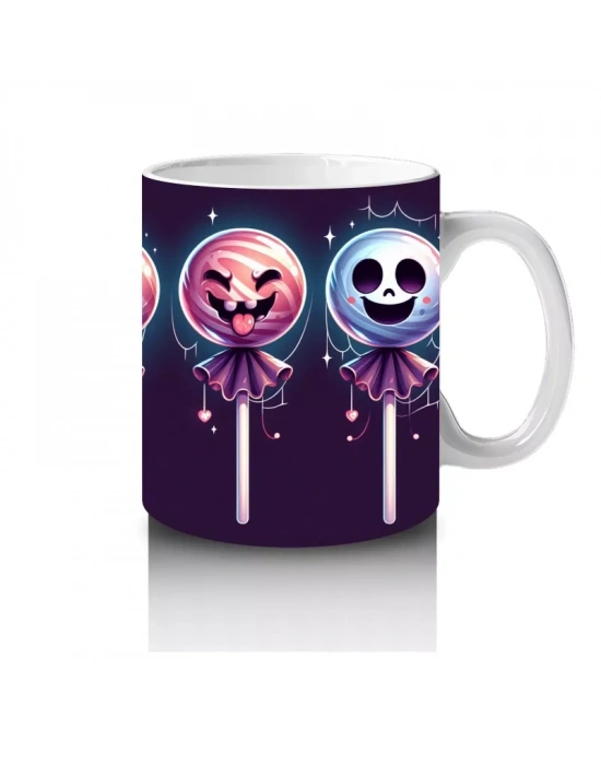 Kafatası Şeker Figürlü Lolipoplarla Renkli Cadılar Bayramı Baskılı Kupa Bardak