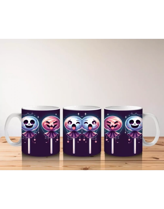 Kafatası Şeker Figürlü Lolipoplarla Renkli Cadılar Bayramı Baskılı Kupa Bardak