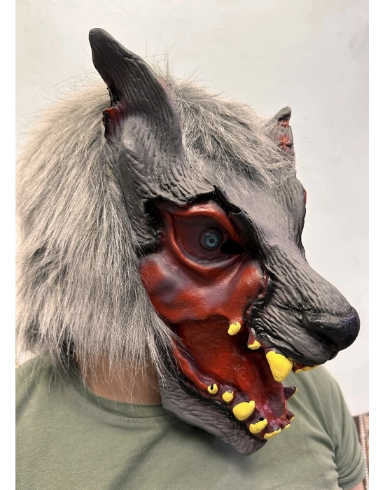 Kafaya Tam Geçmeli Lateks Dişli Ağzı Açık Kurt Maskesi