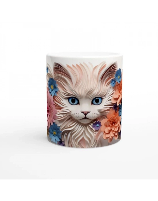 Kağıt Çiçeklerle Süslenmiş Mavi Gözlü Kedi Baskılı Kupa Bardak