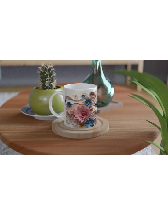 Kağıt Çiçeklerle Süslenmiş Mavi Gözlü Kedi Baskılı Kupa Bardak