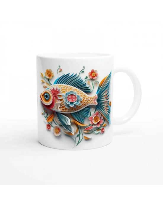 Kağıt Kesim Stilinde Çiçekli Renkli Balık Kupa Bardak