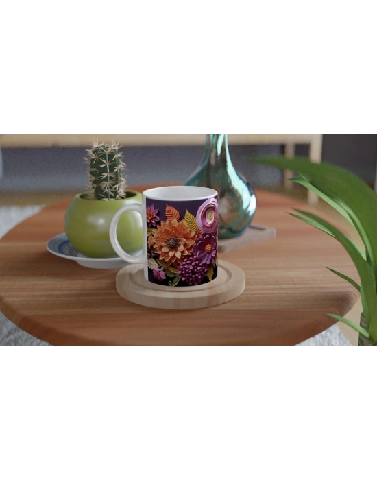 Kağıt Rölyef Stili Canlı Çiçek Desenli Kupa Bardak