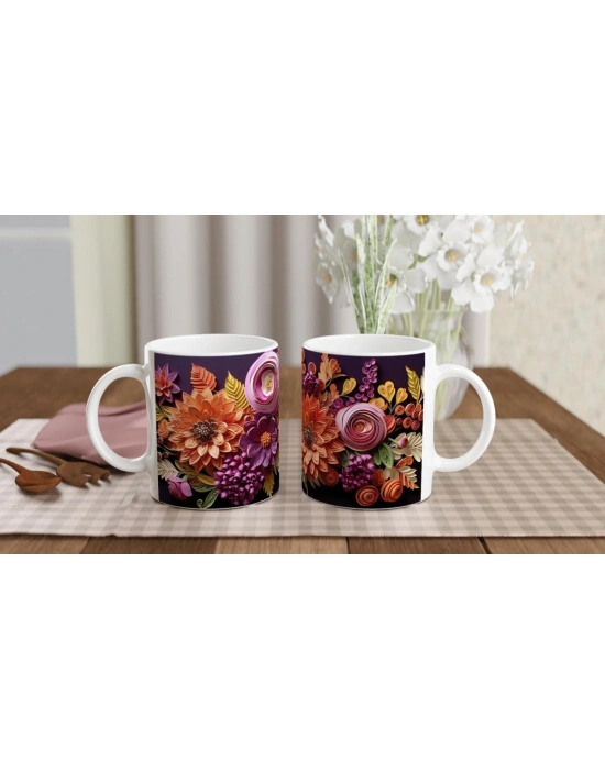 Kağıt Rölyef Stili Canlı Çiçek Desenli Kupa Bardak