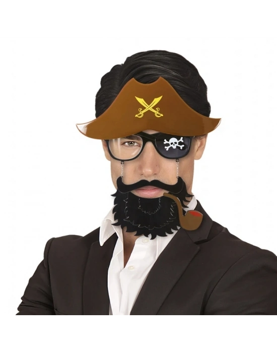 Kahve Renk Şapkalı Siyah Sakallı Pipolu Jack Sparrow Denizci Korsan Gözlüğü 24x25 Cm