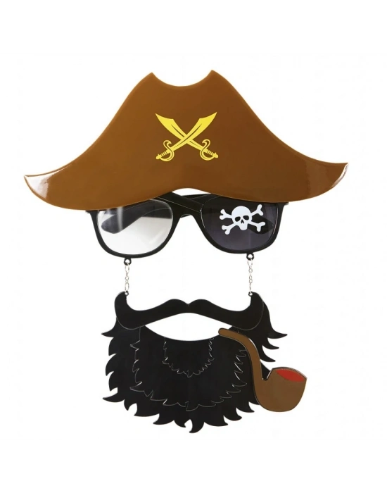 Kahve Renk Şapkalı Siyah Sakallı Pipolu Jack Sparrow Denizci Korsan Gözlüğü 24x25 Cm