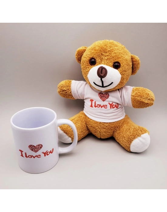 Kahverengi I Love You Tişörtlü Ayıcık ve Baskılı Kupa Seti