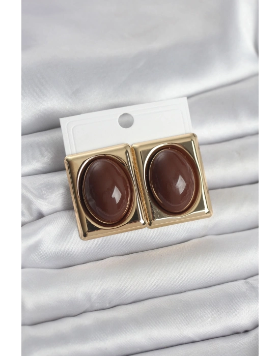 ® Kahverengi Kare Model Vintage Gold Renk Kadın Küpe