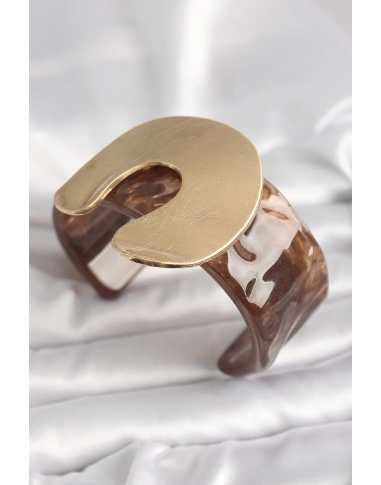 ® Kahverengi Mermer Desen Akrilik Plastik Gold Nal Model Plaka Vintage Kadın Bilezik