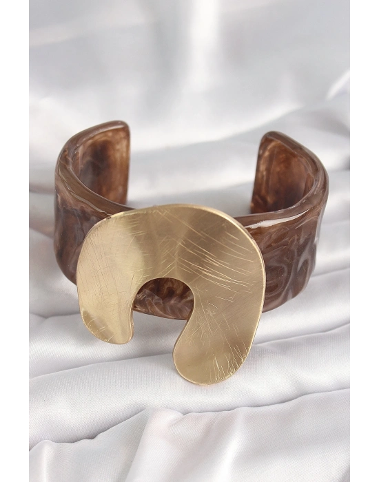 ® Kahverengi Mermer Desen Akrilik Plastik Gold Nal Model Plaka Vintage Kadın Bilezik