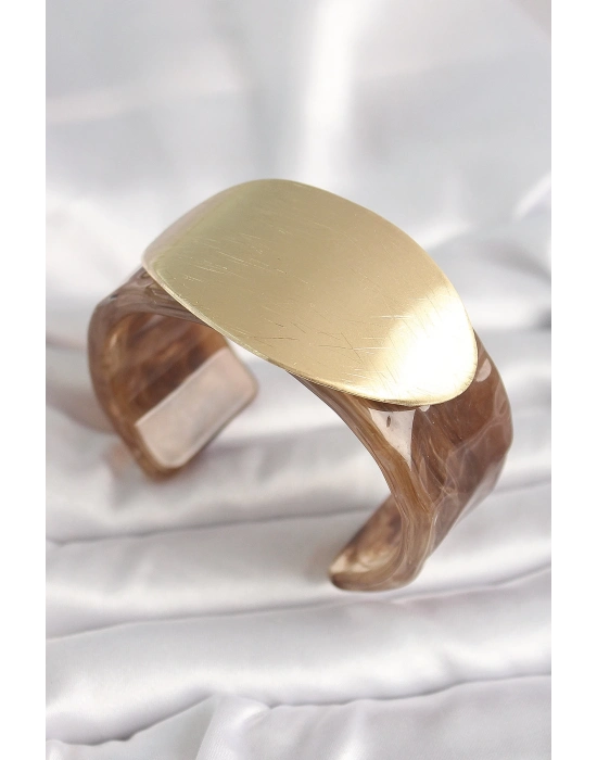 ® Kahverengi Mermer Desen Akrilik Plastik Gold Oval Plaka Model Vintage Kadın Bilezik