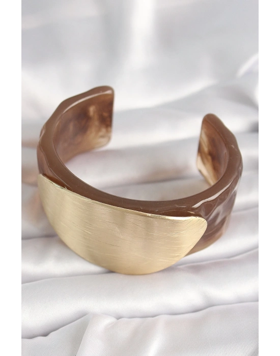 ® Kahverengi Mermer Desen Akrilik Plastik Gold Oval Plaka Model Vintage Kadın Bilezik
