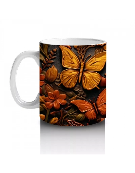 Kahverengi Tonlarda Uçuşan Rölyef Kelebekler – Baskılı Kahve Kupası