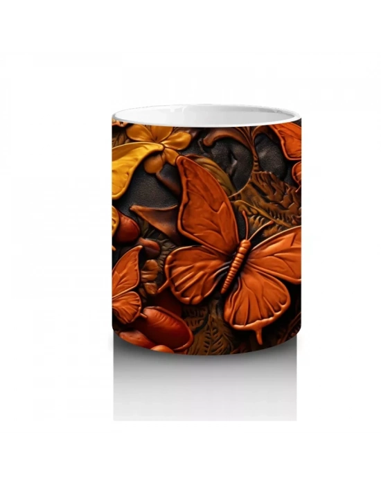 Kahverengi Tonlarda Uçuşan Rölyef Kelebekler – Baskılı Kahve Kupası
