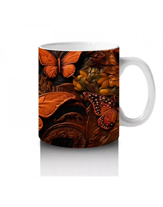 Kahverengi Tonlarda Uçuşan Rölyef Kelebekler – Baskılı Kahve Kupası