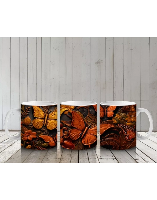 Kahverengi Tonlarda Uçuşan Rölyef Kelebekler – Baskılı Kahve Kupası