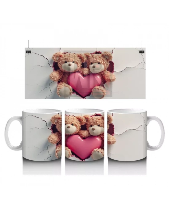 Kalp Arasında Sarılmış Sevimli Ayıcıklar – Baskılı Kahve Kupası