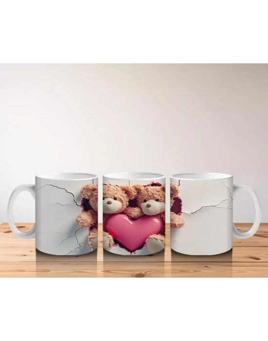 Kalp Arasında Sarılmış Sevimli Ayıcıklar – Baskılı Kahve Kupası