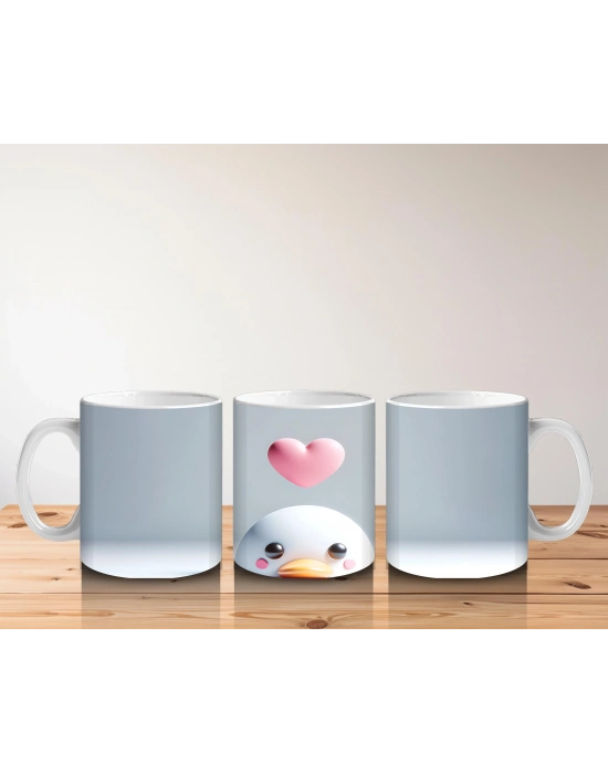 Kalp Balonu Tutan Beyaz Deniz Canlısı – Baskılı Kahve Kupası