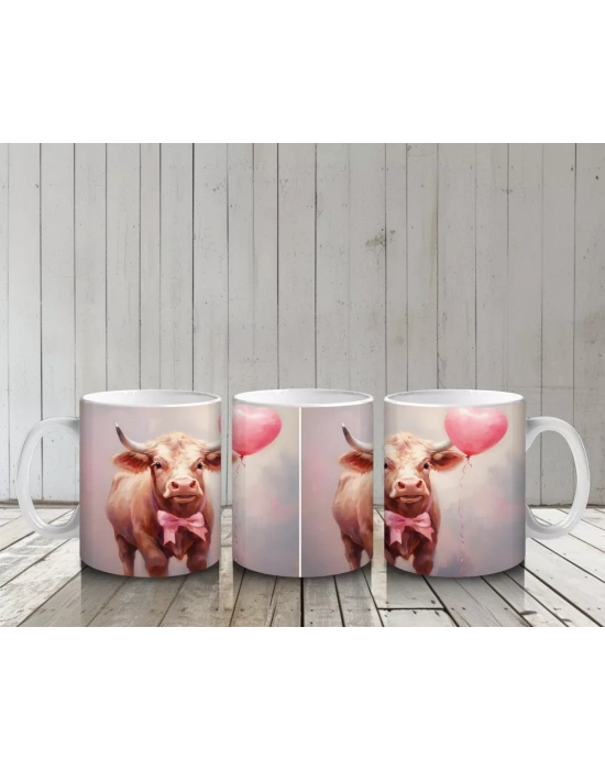 Kalp Balonu Tutan Sevimli İnekler – Baskılı Kahve Kupası