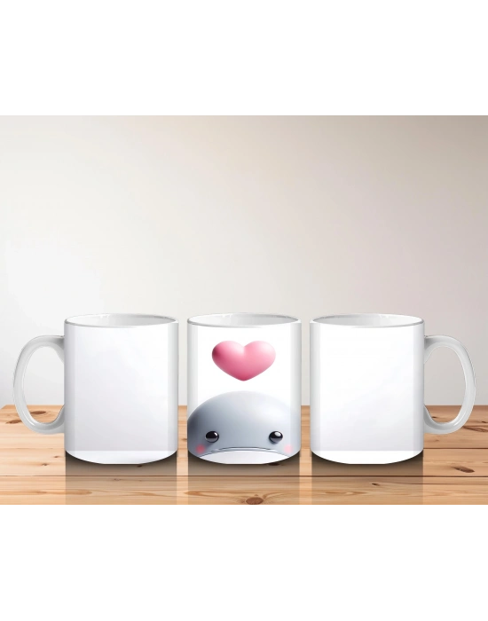 Kalp Balonu Tutan Tatlı Beyaz Balina – Baskılı Kahve Kupası