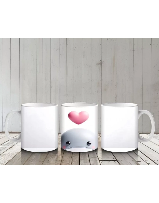 Kalp Balonu Tutan Tatlı Beyaz Balina – Baskılı Kahve Kupası