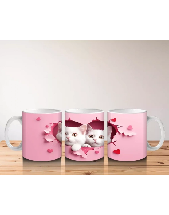 Kalp Çatlağından Bakan İkiz Sevimli Beyaz Kedi – Baskılı Kahve Kupası