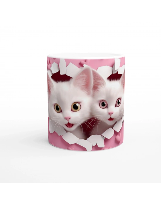 Kalp Çatlaktan Bakan İki Sevimli Kedi Temalı Baskılı Kupa Bardak