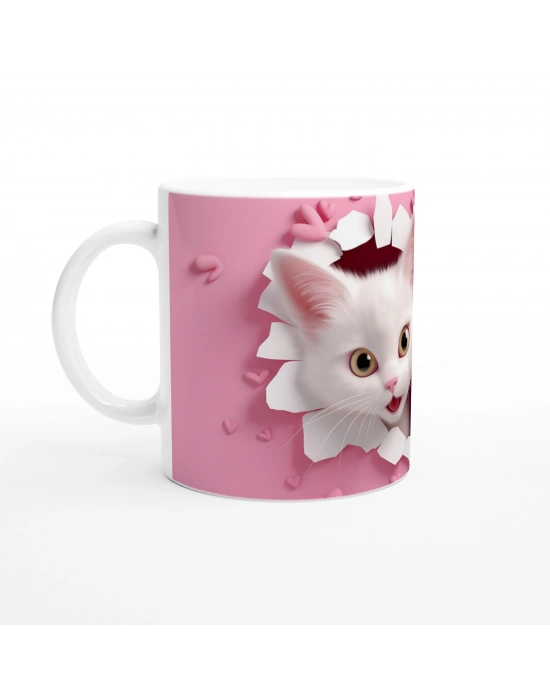 Kalp Çatlaktan Bakan İki Sevimli Kedi Temalı Baskılı Kupa Bardak